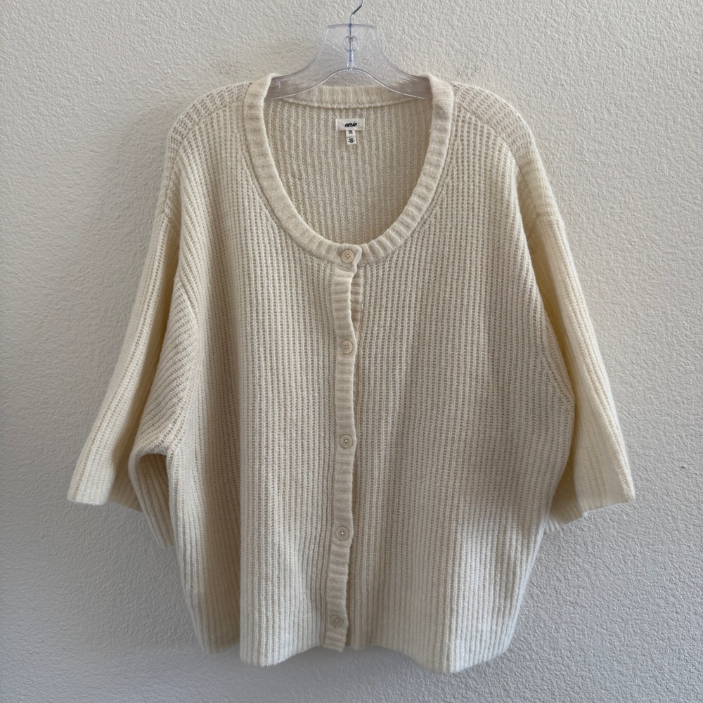 Aerie Cream Ribbed Knit Short Sleeved Button Front Cardigan Sweater